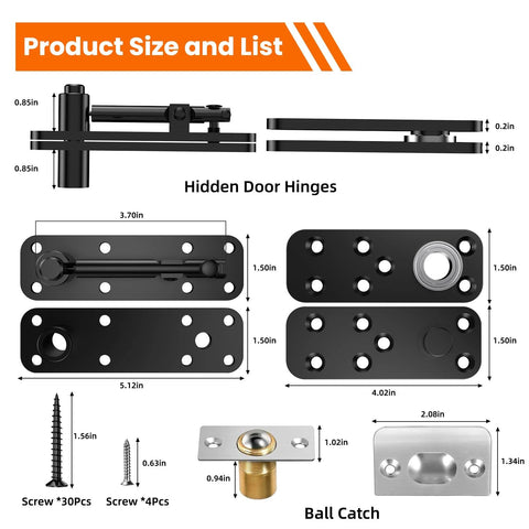 Dimensions and components of Premium Beefy Heavy Duty Hidden Door Pivot Hinge Kit for Secret Bookcase Doors in Black.