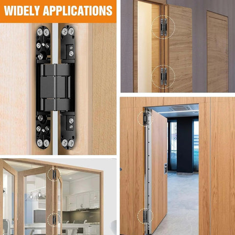 Invisible Door Slick Hidden Hinge Set Lipshome 7 Inch Concealed Hinges installed in various wood doors showcasing 180-degree swing.