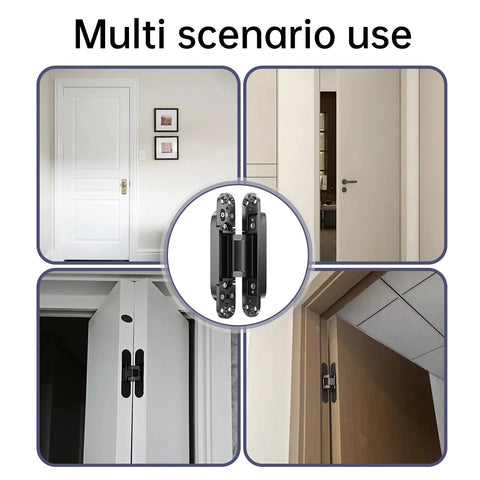 Seamless Hidden Door Hinges Set 7 Inch, 4 Pack Concealed Zinc Alloy 180 Degree Swing installed in various door scenarios.