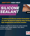 600 Degree Fahrenheit High Temperature RTV Silicone Sealant Black for Gasket Making and Adhesives, USA Made, UV Stable, Oil Resistant, Noncorrosive, Forms Tough Flexible Seal on Glass Metal Plastics Wood Brick Stone