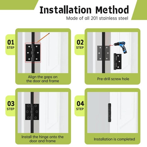 Installation steps for 6-Pack Black Door Hinges, 3 Inch Heavy Duty Stainless Steel Hinge for Interior Exterior Doors, Smooth and Quiet.