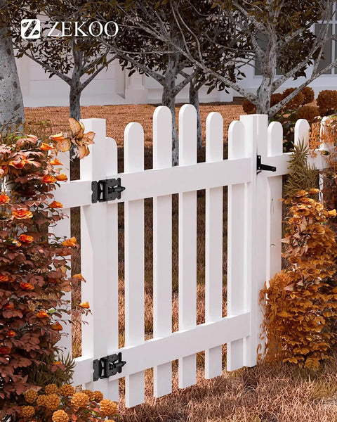 Stainless Steel Gate Hardware Kit With Self Closing Hinges And Latch For Vinyl And Wood Fences in use on white picket gate.