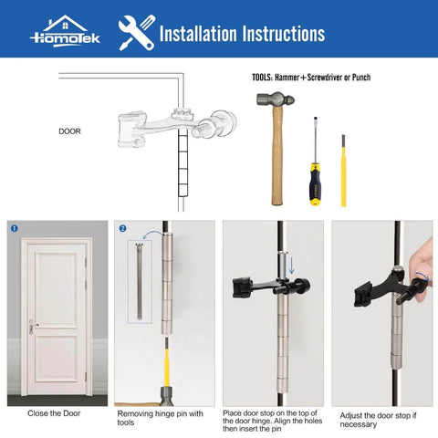Installation instructions for 2 Pack Hinge Pin Black Door Stopper, Adjustable Deluxe Heavy Duty Door Stopper with tools needed.