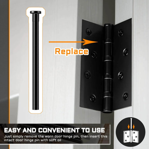 Six Pack Three Point Five Inch Hinge Pins For Doors Stainless Steel Replacement shown in black installed on door