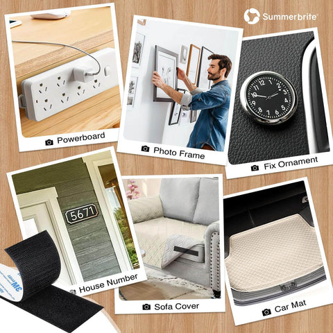 Heavy Duty Black Hook And Loop Strips With Adhesive 2 By 5 Inch 10 Pairs 20 Strips Heavy Duty Double Sided Adhesive Hanging Strips shown in various usage scenarios including powerboard, photo frame, fix ornament, house number, sofa cover, and car mat applications.