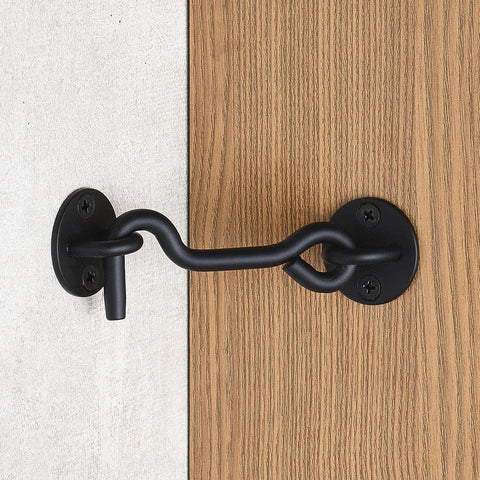 4” Privacy Hook and Eye Gate Latch Easy Lock for Barn Door, Black, installed on wood and white surface