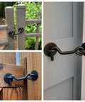 4” Privacy Hook and Eye Gate Latch Easy Lock for Barn Door in black shown on various wooden gates and doors