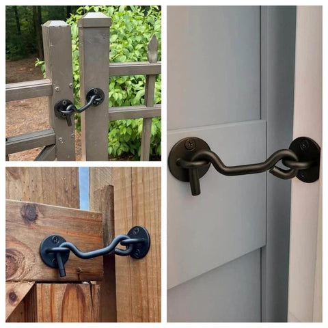 4” Privacy Hook and Eye Gate Latch Easy Lock for Barn Door in black shown on various wooden gates and doors