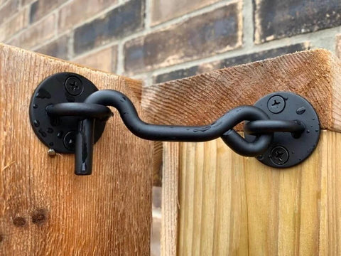 4” Privacy Hook and Eye Gate Latch Easy Lock for Barn Door, Black installed on wooden gate