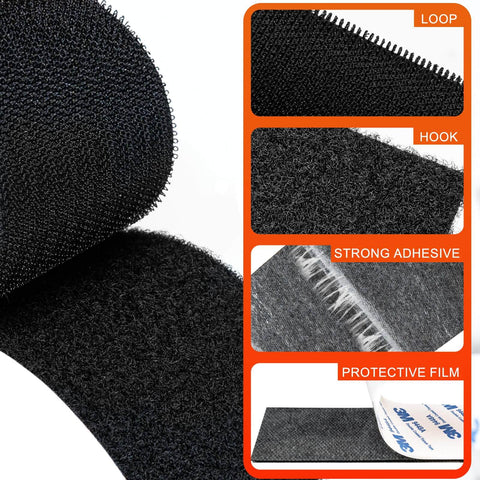 Close-up of Heavy Duty Hook And Loop Strips 1 Inch By 5 Feet With Double Sided Adhesive Black Fastening Tape for picture hanging and wall mounts.