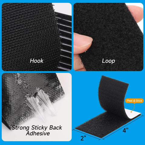 Heavy Duty Hook And Loop Fastener Strips With Adhesive, 12 Sets, 4x2 Inch Nylon Fasteners, close-up of black sticky back tape