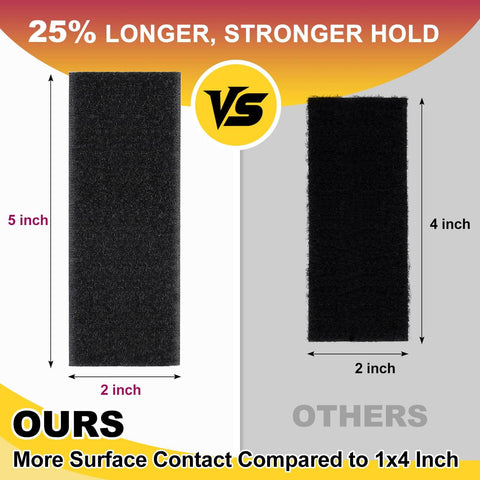Heavy Duty Black Hook And Loop Strips With Adhesive 2 By 5 Inch 10 Pairs 20 Strips Heavy Duty Double Sided Adhesive Hanging Strips For Home Office School Craft Projects side-by-side comparison showing 2x5 inch vs 1x4 inch strips.