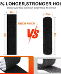 Heavy Duty Hook And Loop Strips 1 Inch By 5 Feet With Double Sided Adhesive Black Fastening Tape For Picture Hanging And Wall Mounts 22 Sets Strong Sticky Back Holds Up To 12 Lbs Per Sq Inch Indoor Outdoor Use No Drill Needed showing tape dimensions and adhesive side.