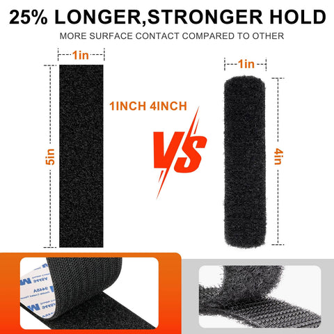 Heavy Duty Hook And Loop Strips 1 Inch By 5 Feet With Double Sided Adhesive Black Fastening Tape For Picture Hanging And Wall Mounts 22 Sets Strong Sticky Back Holds Up To 12 Lbs Per Sq Inch Indoor Outdoor Use No Drill Needed showing tape dimensions and adhesive side.