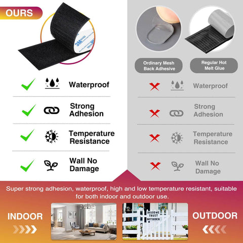 Comparison of heavy duty black hook and loop strips with adhesive, highlighting waterproof and strong adhesion features.