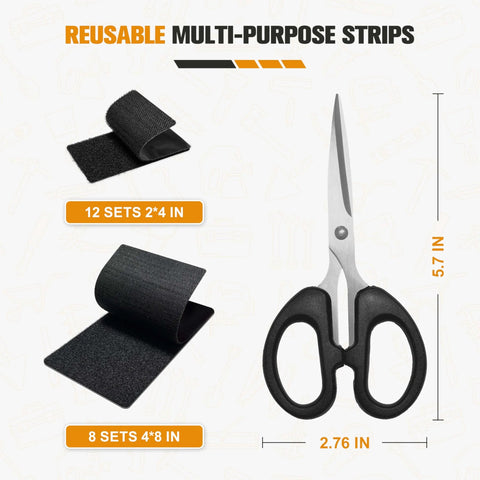 Heavy Duty Hook And Loop Strips 2x4 Inches 12 Sets Black Mounting Tape with scissors for multi purpose use displayed
