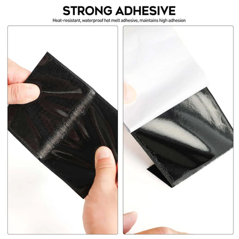 Strong Sticky Back Hook And Loop Tape With Adhesive For No Slip Couch Cushions And Furniture 4.4 Inch By 7 Foot Heavy Duty Double Sided Strip Roll Black, black tape being pulled apart to show adhesive side.