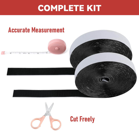 Heavy Duty Hook And Loop Tape With Adhesive Back 32 Foot Roll 1 Inch Wide Double Sided Strips With Mad Strong Sticky Hold For Home Office School Car Black Includes Scissors And Measuring Tape Cut Freely, shown with measuring tape and scissors.