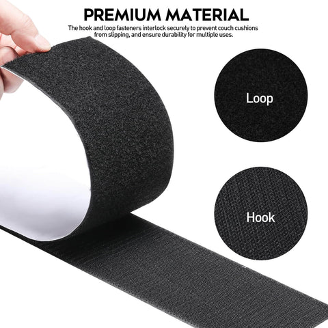 Strong Sticky Back Hook And Loop Tape With Adhesive For No Slip Couch Cushions And Furniture 4.4 Inch By 7 Foot Heavy Duty Double Sided Strip Roll Black, close-up of loop and hook detail.