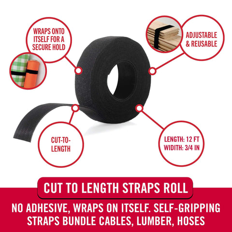 One-Wrap Double-Sided Self Gripping Hook And Loop Tape Roll for Cable Management, 12 ft by 3/4 inch, indoor outdoor use