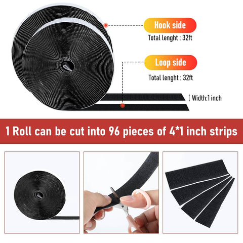 Heavy Duty Hook And Loop Tape With Adhesive Back 32 Foot Roll 1 Inch Wide Double Sided Strips With Mad Strong Sticky Hold For Home Office School Car Black Includes Scissors And Measuring Tape Cut Freely, showing rolled tape, cutting, and strips.