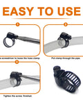 30 Pieces Black Hose Clamps Set With 6 To 51 Millimeters Adjustable Range 304 Stainless Steel Worm Gear Hose Clamps Assortment Kit Six Sizes For Plumbing Automotive And Mechanical Applications in use on hoses with instructions.