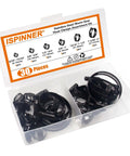 30 Pieces Black Hose Clamps Set With 6 To 51 Millimeters Adjustable Range 304 Stainless Steel Worm Gear Hose Clamps Assortment Kit Six Sizes For Plumbing Automotive And Mechanical Applications in an open plastic case with six divided compartments and product details on the lid.