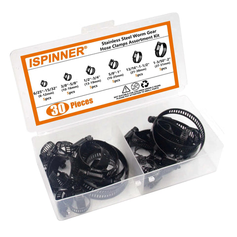 30 Pieces Black Hose Clamps Set With 6 To 51 Millimeters Adjustable Range 304 Stainless Steel Worm Gear Hose Clamps Assortment Kit Six Sizes For Plumbing Automotive And Mechanical Applications in an open plastic case with six divided compartments and product details on the lid.