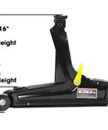 Side view of Low Profile Hydraulic Floor Jack 2.5 Ton With Quick Lift Pump Trolley Style Beefy Heavy Duty Steel Build 5000 Lb Capacity