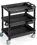 Multi Use Rolling Cart With Power Strip For Heavy Duty Workhorse Style Setups In Shops, Industrial Grade Plastic Utility Cart With 3 Deep Shelves, 500 Lb Capacity, 32.4 X 18.3 Inches, Black front view