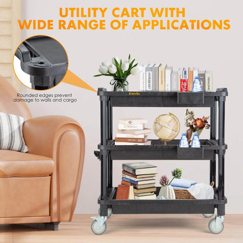 Multi Use Rolling Cart With Power Strip For Heavy Duty Workhorse Style Setups In Shops, Industrial Grade Plastic Utility Cart with books and decor