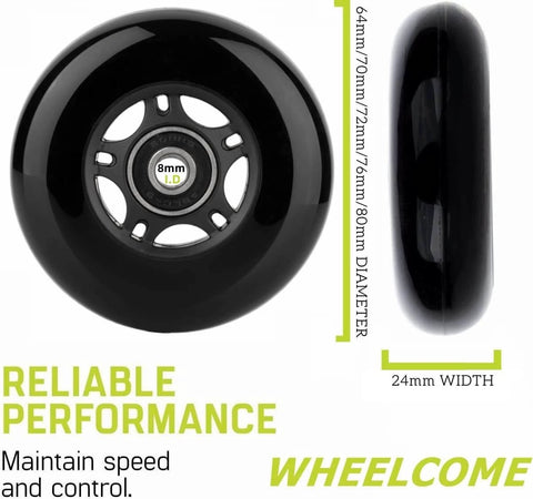 Inline Skate Wheels Outdoor & Indoor Blade Roller Skate Wheels 85a Roller Hockey Wheels w/Bearings ABEC-9 for Scooter Luggage Repair, side and front view.