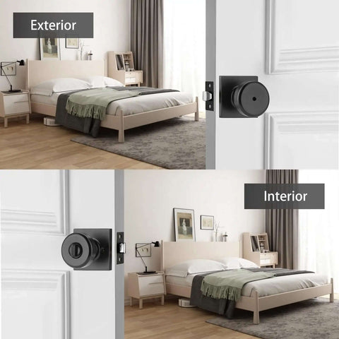 Black Interior Door Knobs For Bathroom And Bedroom Pismo Privacy Doorknob With Turn Lock And Square Rosette installed on bedroom door