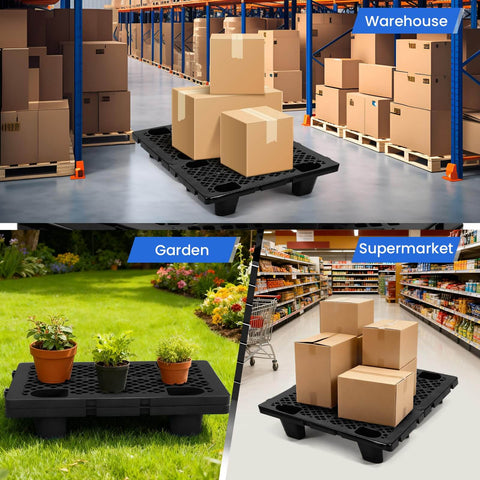 Beefy Heavy Duty Interlocking Plastic Pallets With Breathable Grids For Storage in Warehouse, Supermarket, Garden, Black, 8 Pack