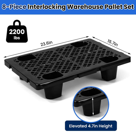 Beefy Heavy Duty Interlocking Plastic Pallets With Breathable Grids For Storage In Garage Warehouse Supermarket Restaurant And Kitchen, 8 Pack, 23.6 x 15.7 x 4.7 In, Black, front view