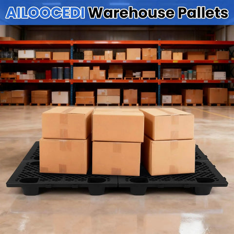 Beefy Heavy Duty Interlocking Plastic Pallets With Breathable Grids For Storage In Garage Warehouse Supermarket Restaurant And Kitchen, 8 Pack, 23.6 x 15.7 x 4.7 In, Black loaded with boxes in warehouse setting
