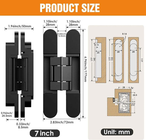Invisible Door Slick Hidden Hinge Set Lipshome 7 Inch Concealed Hinges size diagram with measurements in inches and millimeters.