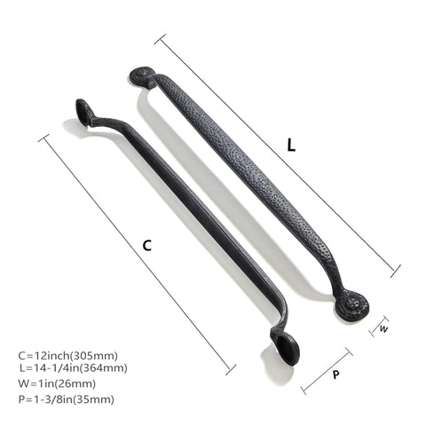 Two Pack 12 Inch Center To Center Black Iron Cabinet Pulls Antique Black Rustic Hammered Drawer Handles with dimensions diagram