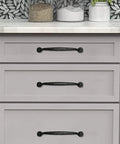 Two Pack 12 Inch Center To Center Black Iron Cabinet Pulls Antique Black Rustic Hammered Drawer Handles for Kitchen Cabinets and Furniture installed on drawers