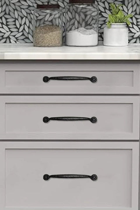 Two Pack 12 Inch Center To Center Black Iron Cabinet Pulls Antique Black Rustic Hammered Drawer Handles for Kitchen Cabinets and Furniture installed on drawers