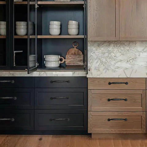 Two Pack 12 Inch Center To Center Black Iron Cabinet Pulls on kitchen cabinets with marble countertop