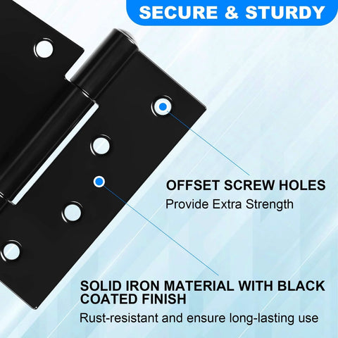 Close-up of Heavy Duty Gate Hinges 3.5 inch 4 Pack, showing offset screw holes and black iron finish with secure and sturdy design.