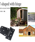 Heavy Duty 3.5 Inch Gate Hinges Set In Black Iron Finish for wooden gates, barns, and sheds, displayed on various structures.