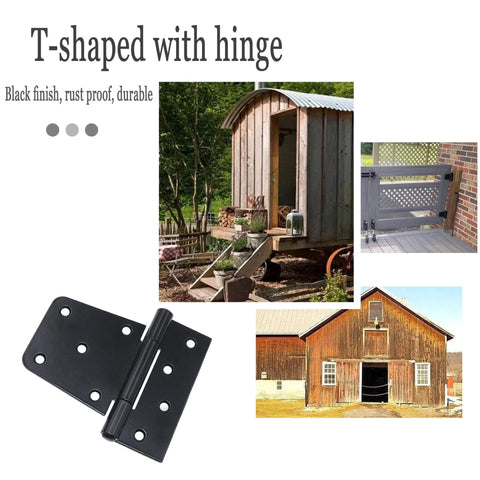 Heavy Duty 3.5 Inch Gate Hinges Set In Black Iron Finish for wooden gates, barns, and sheds, displayed on various structures.