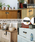 Seven And One Half Inch Heavy Duty Door Lock Hasp Latch With One Eighth Inch Thick Iron Gate Hasp secured on various cabinets and drawers.