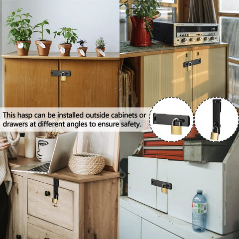 Seven And One Half Inch Heavy Duty Door Lock Hasp Latch With One Eighth Inch Thick Iron Gate Hasp secured on various cabinets and drawers.