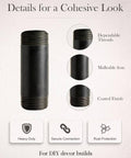 Ten Pack Of One Half Inch By Two Inch Black Malleable Iron Pipe Nipples Fitting For DIY Steampunk Industrial Vintage Style Home Decor And Maker Projects Threaded Both Ends Ready For Quick Assembly And Long Lasting Rust Resistant Performance. Image shows a close-up of a single black malleable iron pipe nipple with threaded ends, labeled with dependability, material, and finish details for DIY decor projects.