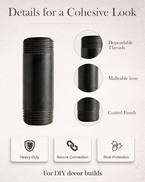 Ten Pack Of One Half Inch By Two Inch Black Malleable Iron Pipe Nipples Fitting For DIY Steampunk Industrial Vintage Style Home Decor And Maker Projects Threaded Both Ends Ready For Quick Assembly And Long Lasting Rust Resistant Performance. Image shows a close-up of a single black malleable iron pipe nipple with threaded ends, labeled with dependability, material, and finish details for DIY decor projects.