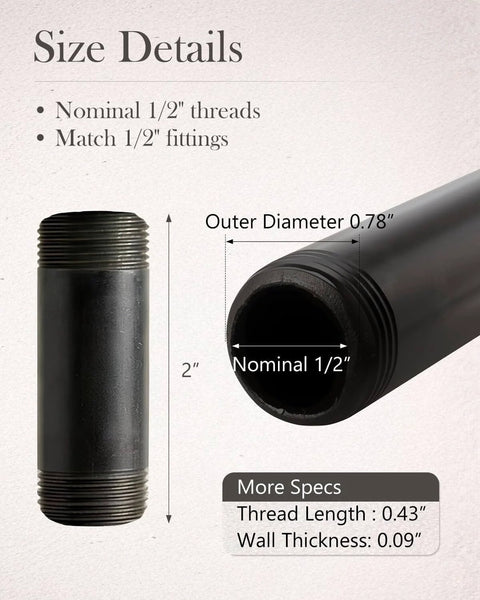 Image of a Ten Pack Of One Half Inch By Two Inch Black Malleable Iron Pipe Nipples Fitting For DIY Steampunk Industrial Vintage Style Home Decor And Maker Projects Threaded Both Ends Ready For Quick Assembly And Long Lasting Rust Resistant Performance, showing size details and specifications.