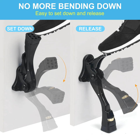 Illustration showing use of Black Kick Down Door Stoppers for Bottom of Door, Heavy Duty Kickdown Door Stop, Adjustable Door Stoppers, One Touch Kick Down Stopper (4 Inch x 1 Pack)